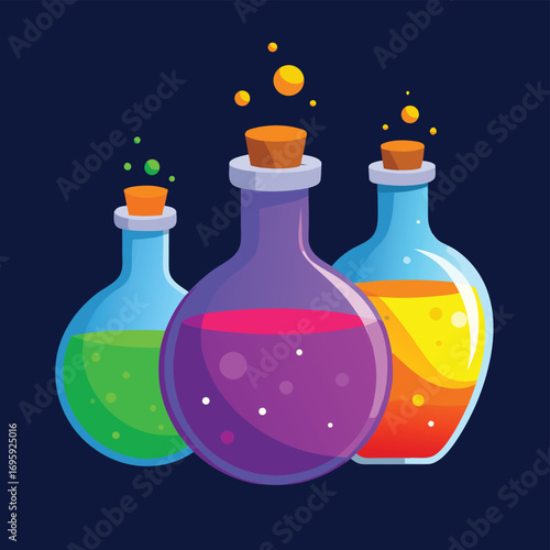 Three colorful magical potions in glass bottles with cork stoppers and bubbling liquid on a dark background