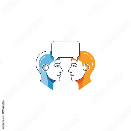 Two stylized human heads, one blue and one orange, face each other with a speech bubble between them, representing communication.