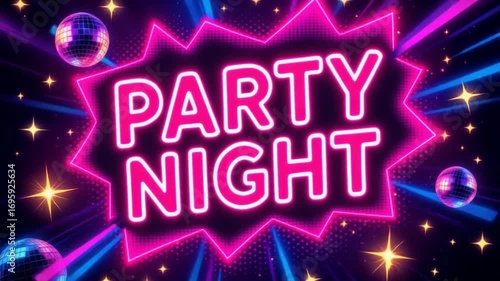 Get ready for an electrifying 'Party Night' with dazzling disco balls and vibrant neon lights creating an unforgettable atmosphere for celebration and fun