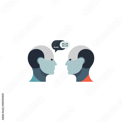 Two stylized robot heads communicating via email, a simple illustration of digital interaction.