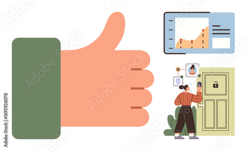 Large hand giving thumbs-up, line graph on screen indicating growth, woman using keypad and authentication for secured access. Ideal for concepts thumbs up success, security, growth, approval