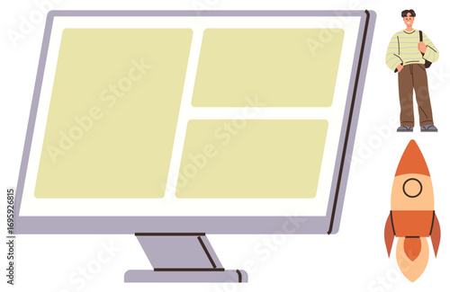Person carrying a bag next to a desktop monitor and a rocket. Ideal for technology, growth, education, career, innovation, productivity, futuristic concepts. Clean and simple flat metaphor