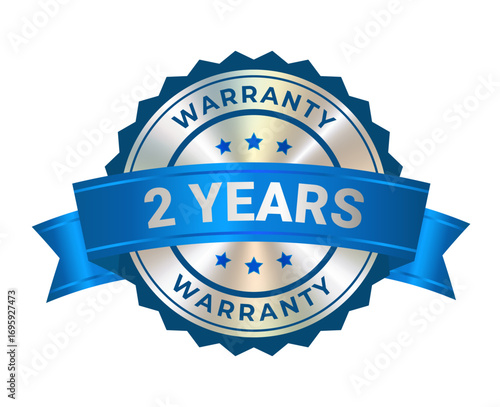 Round silver medal with award blue ribbon, warranty badge icon with 2 years guarantee label, quality assurance seal and certification emblem isolated on transparent background. Vector EPS10