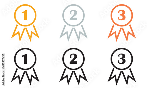 Gold silver and bronze award medal icons. three award medals with ribbons numbered 1, 2, and 3, representing gold, silver, and bronze competition rankings.   symbol sign icon logo template .