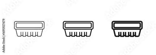 Vector icon of a disposable food packaging tray in thin, regular, and bold styles. Supermarket meat, produce, ready meals, or takeaway container. Ideal for grocery, catering, delivery, restaurants