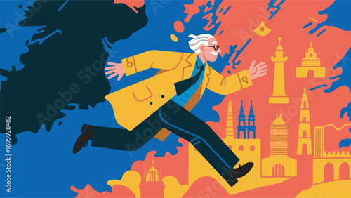 illustration of an old man with a map of England in the background vector design template
