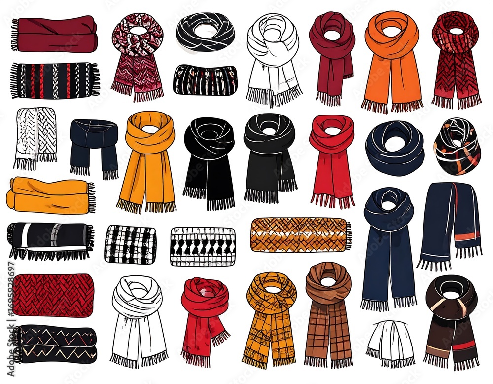 Various colorful scarves and wraps displayed