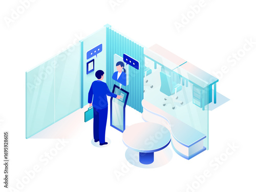 Isometric Office Entrance with Digital Intercom and Unmanned Reception – Vector Illustration