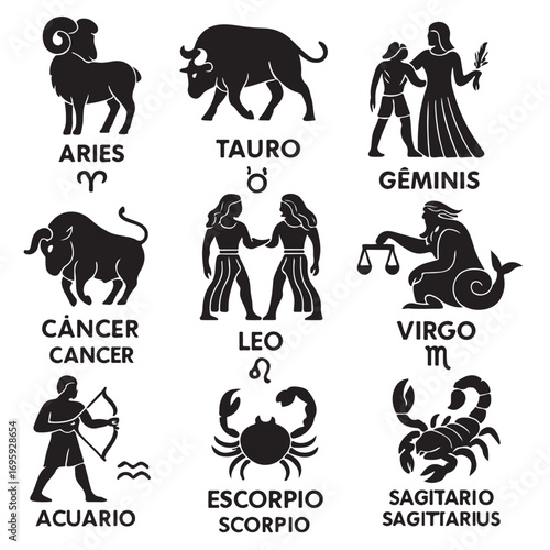 "Bilingual Zodiac Signs Vector Set – Spanish English Astrology Symbols in Black and White"