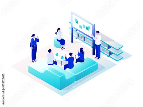 Isometric Office Brainstorming Scene with Team Collaboration – Vector Illustration