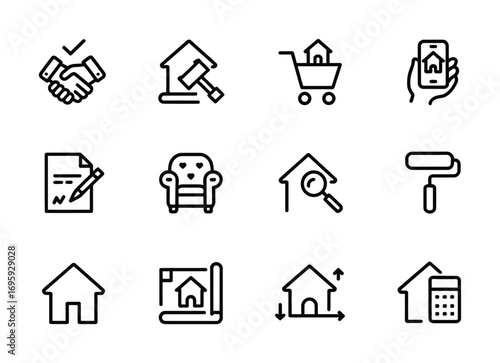 Real estate home buying selling renting icons property investment mortgage loan renovation design blueprint