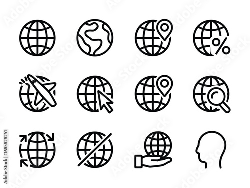 Globe world earth map travel global network connection location search business international icons set
