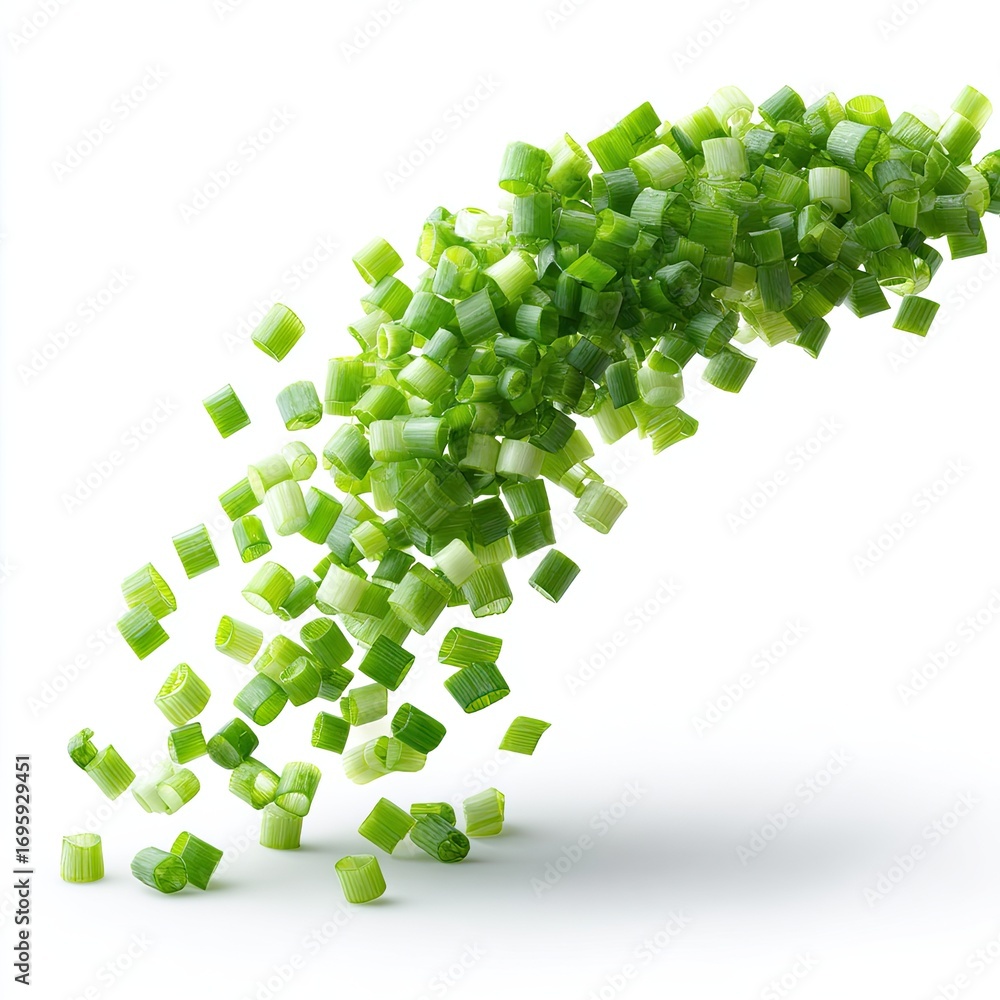Fototapeta premium Freshly chopped green onions in a dynamic, cascading motion against a pure white background