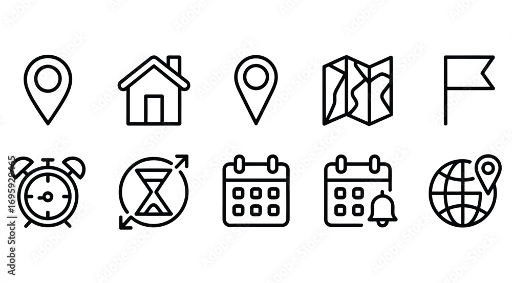 Fototapeta premium Vector icons location pin home map flag alarm clock calendar time globe travel destination planning