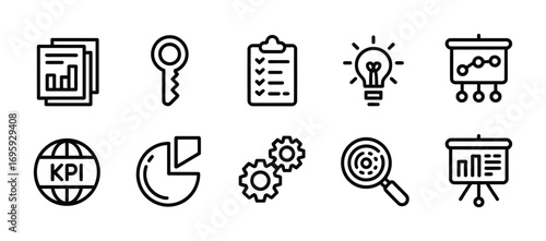 Business strategy planning analysis key performance indicators kpi chart data search idea process list
