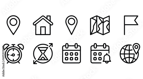 Vector icons location pin home map flag alarm clock calendar time globe travel destination planning
