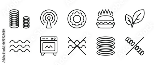 Springs antenna donut burger leaves waves oven no iron plates skewers vector line icons set design 96