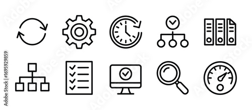 Workflow process automation system optimization performance management analysis and data search icons set
