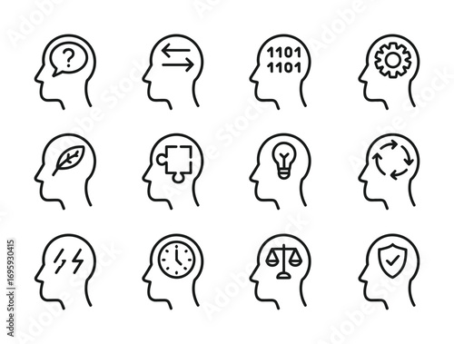 Human mind concept ideas thinking process brain activity head with gears question mark and light bulb icon set