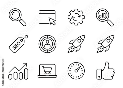 Seo optimization search engine marketing digital strategy analytics and target audience icon set design vector