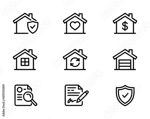 Home house real estate property mortgage insurance contract icon set vector illustration line art style