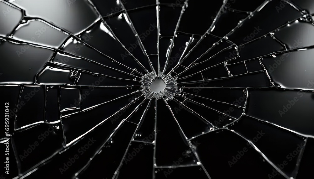 Obraz premium A black and white photo of a broken glass window.