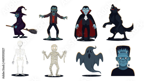 Halloween Monsters Silhouettes Set | Witch, Zombie, Vampire, Werewolf, Skeleton, Mummy, Ghost, Frankenstein | Cartoon Vector
