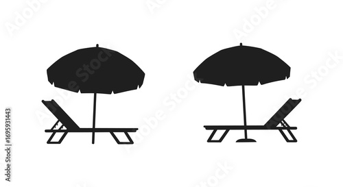 beach umbrellas and lounge chairs silhouetted against white background
