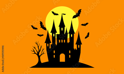 ハロウィンのコウモリが飛んでる月に照らされたホラーなお城のシルエットイラスト素材