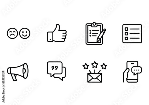 Feedback customer survey satisfaction review marketing communication social media engagement icons set