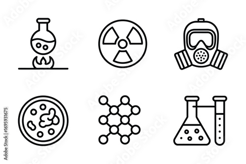 Science laboratory equipment research experiment chemistry lab test tube flask gas mask radiation hazard