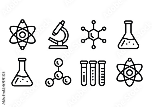 Science lab equipment vector icons atom molecule microscope flask test tubes chemistry research tools