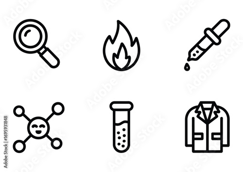Science lab equipment icons set featuring magnifying glass fire pipette molecule test tube and lab coat design