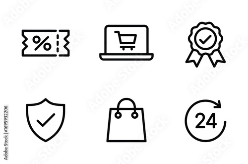 Online shopping sale discount coupon secure payment hour support quality guarantee shopping bag vector icon