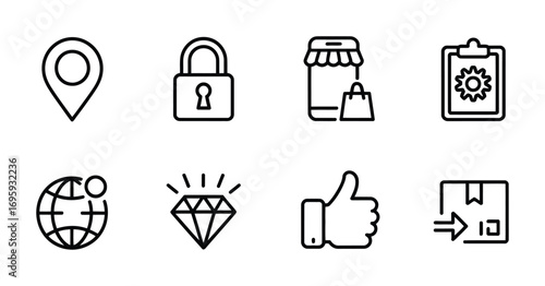 Location security online shop settings global diamond like delivery icon vector design set symbol web app 96