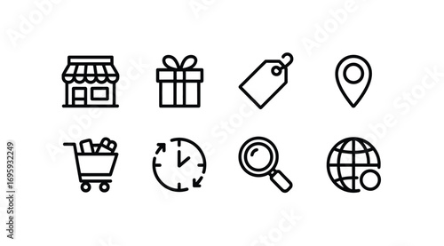 Ecommerce shopping store gift shop online retail tag price location search globe delivery time icons