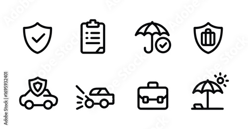 Insurance policy protection travel safety car life health business security icon vector design set concept