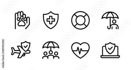 Insurance icons set vector illustration health travel life pet safety protection security guarantee plan care