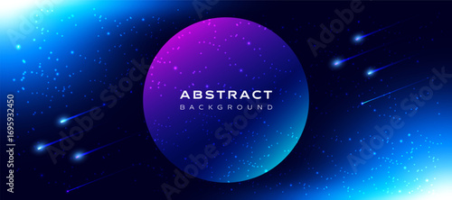 Abstract galaxy background vector with glowing stars and planet. Futuristic space scene with shooting star light effect for banner design