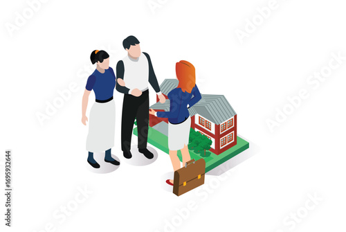 Modern isometric Mortgage to invest, characters and real estate property, loan on real estate to buy. Character and agent for invest on rent,  Suitable for Game Asset, And Other Graphic Related Assets