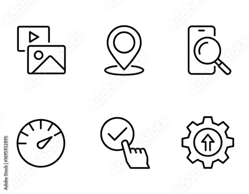 Media location search speed check update configuration icons vector illustration set design
