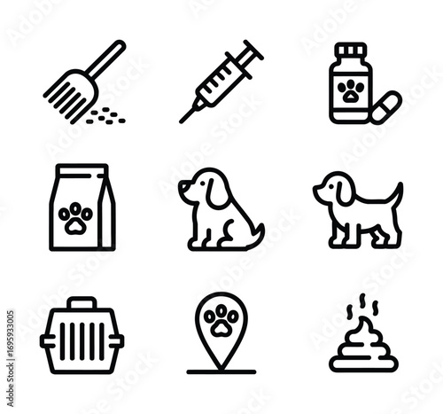 Dog pet care vector icon set animal puppy food vaccine medicine carrier location poop elements design