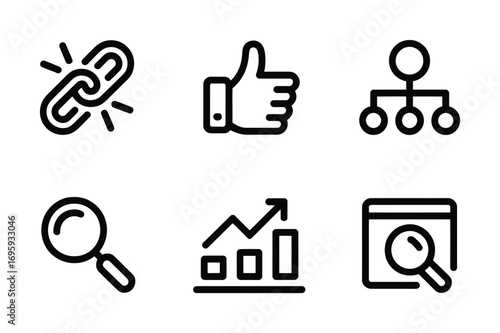 Seo optimization link building like search engine marketing graph analysis website audit icon set