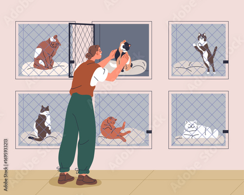 Volunteer in animal shelter, choosing and adopting cute cat. Woman adopting, taking feline from cage box. Rescue and adoption center. Person caring and helping homeless pets. Flat vector illustration