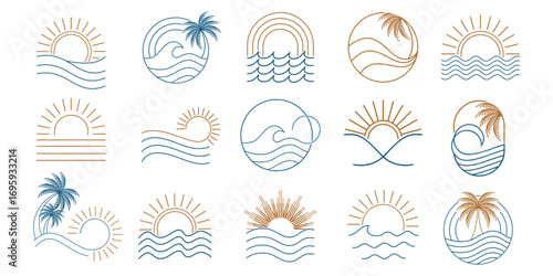 tropical palm tree minimalist line art logo. palm tree with sunset, wave symbol. vector illustration