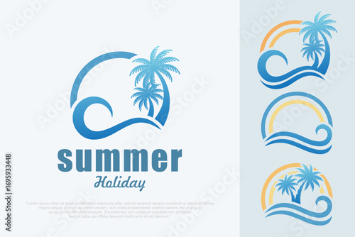 Summer holidays logo. Summer beach, vacation, travel, tropical paradise emblems. Vector illustration