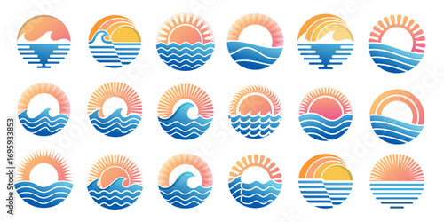 Summer holidays logo. Summer beach, vacation, travel, tropical paradise emblems. Vector illustration