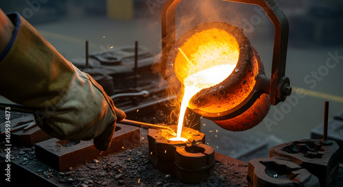 A skilled artisan in a foundry meticulously pours glowing, molten metal from a crucible into a prepared casting mold