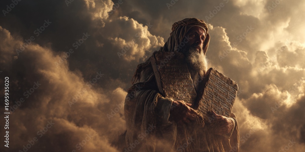 Fototapeta premium Moses man holding the Ten Commandments tablets. Biblical old testament scene. Religious law for Christianity and Judaism concept.