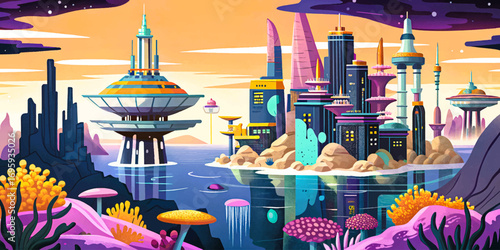 Cyberpunk futuristic underwater city with neon glowing corals, surreal dystopian seascape, sci-fi retro design